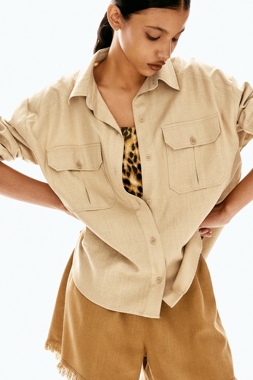 Oversized Linen-blend Cargo Shirt